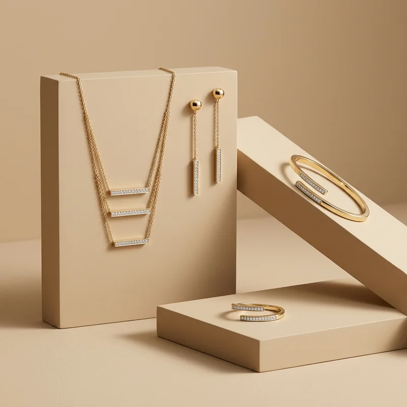 Elegant gold jewelry on beige