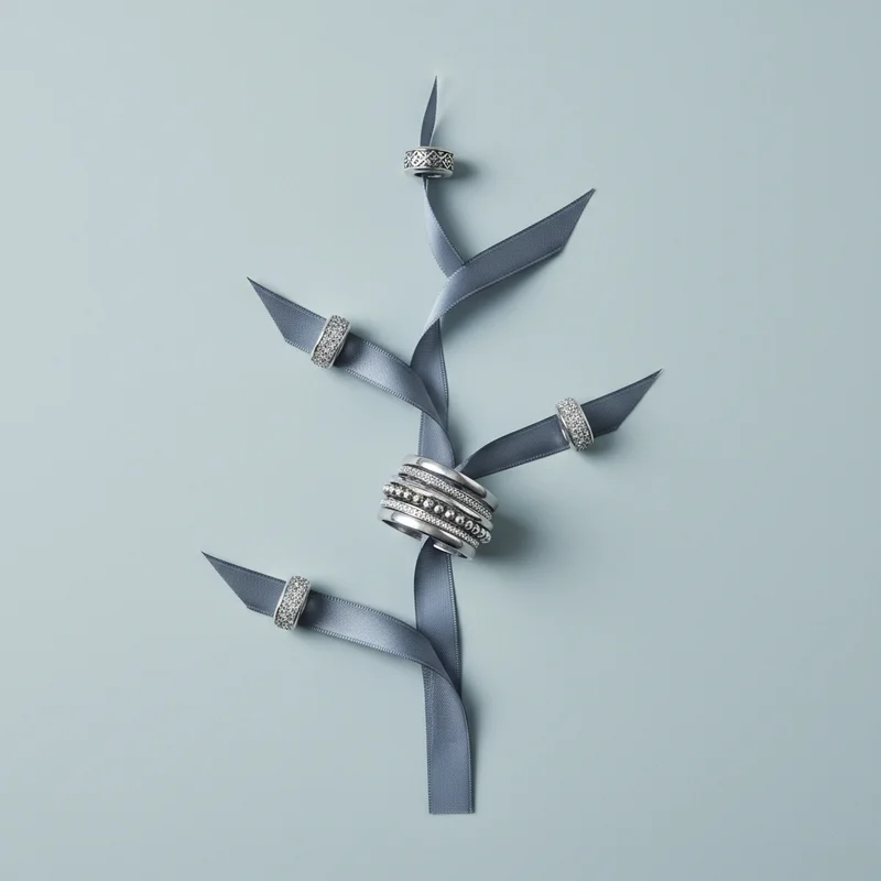 Elegant silver rings on ribbon branch
