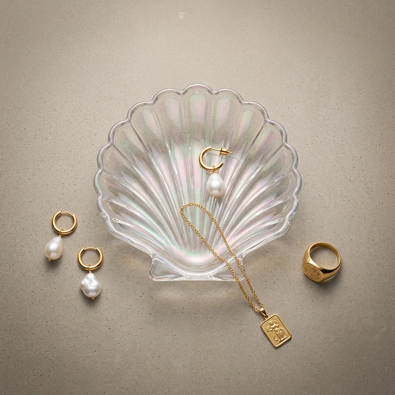 Gold and pearl jewelry on concrete