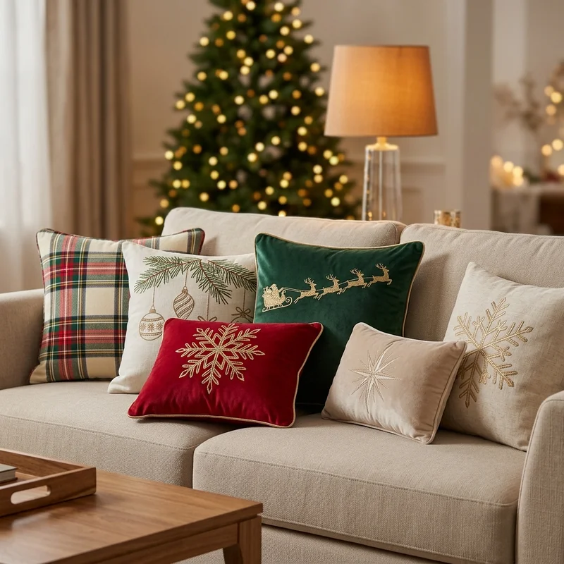 Cozy Christmas pillows on modern sofa