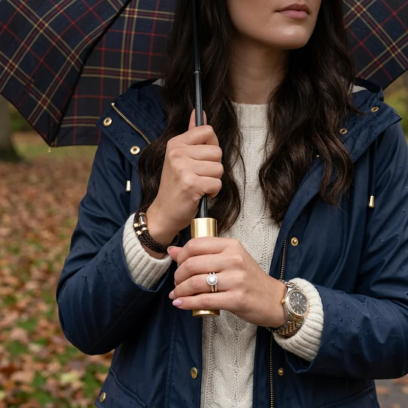 Autumn style with jewelry and umbrella