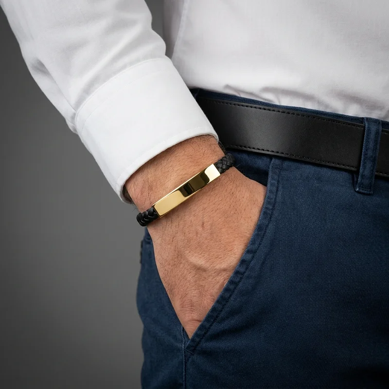 Mens gold ID bracelet on wrist