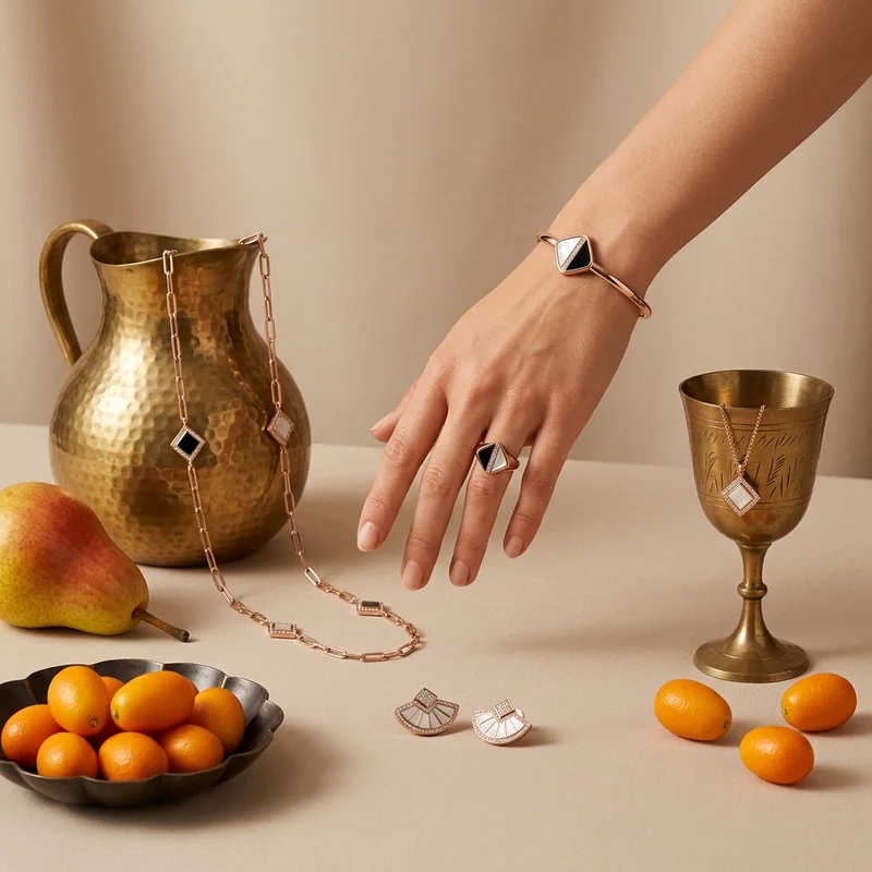 Elegant jewelry still life with hand