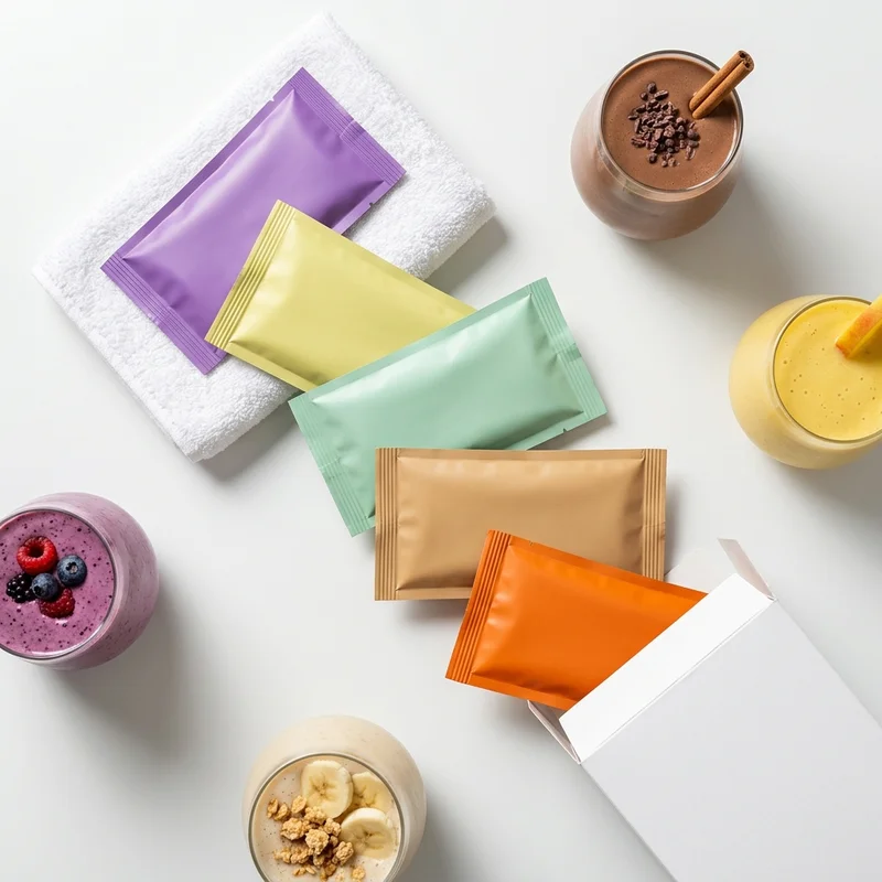 Colorful smoothie pouches flat lay