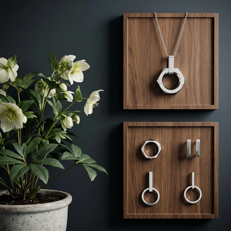 Modern jewelry on wooden displays