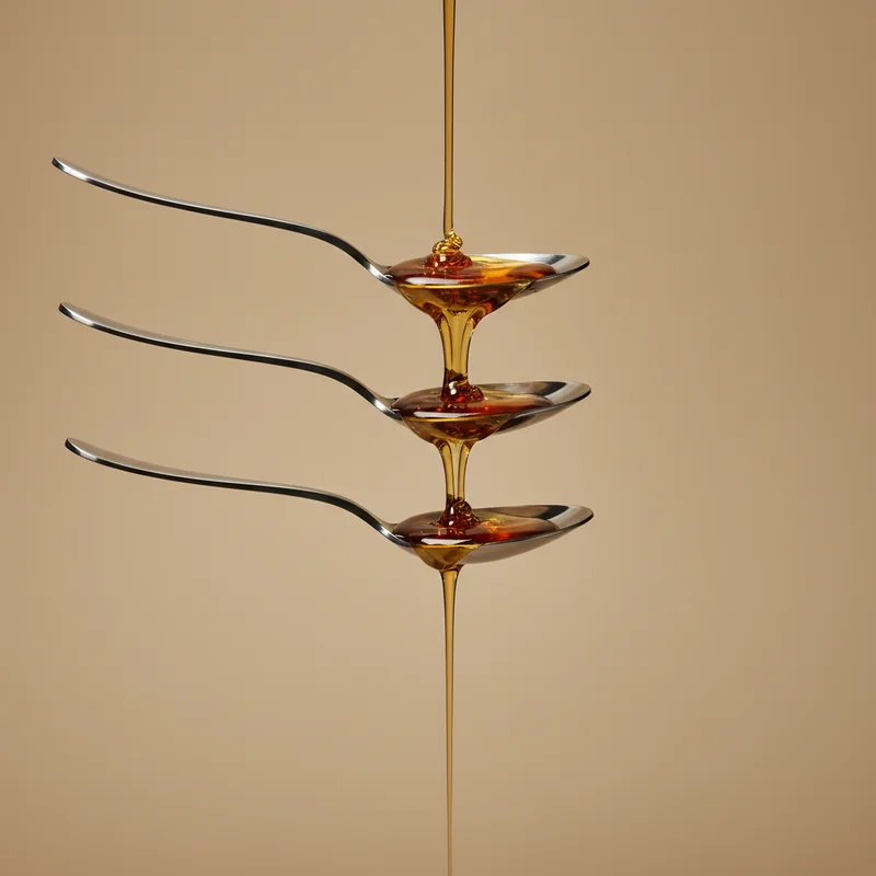 Golden liquid pouring on stacked spoons