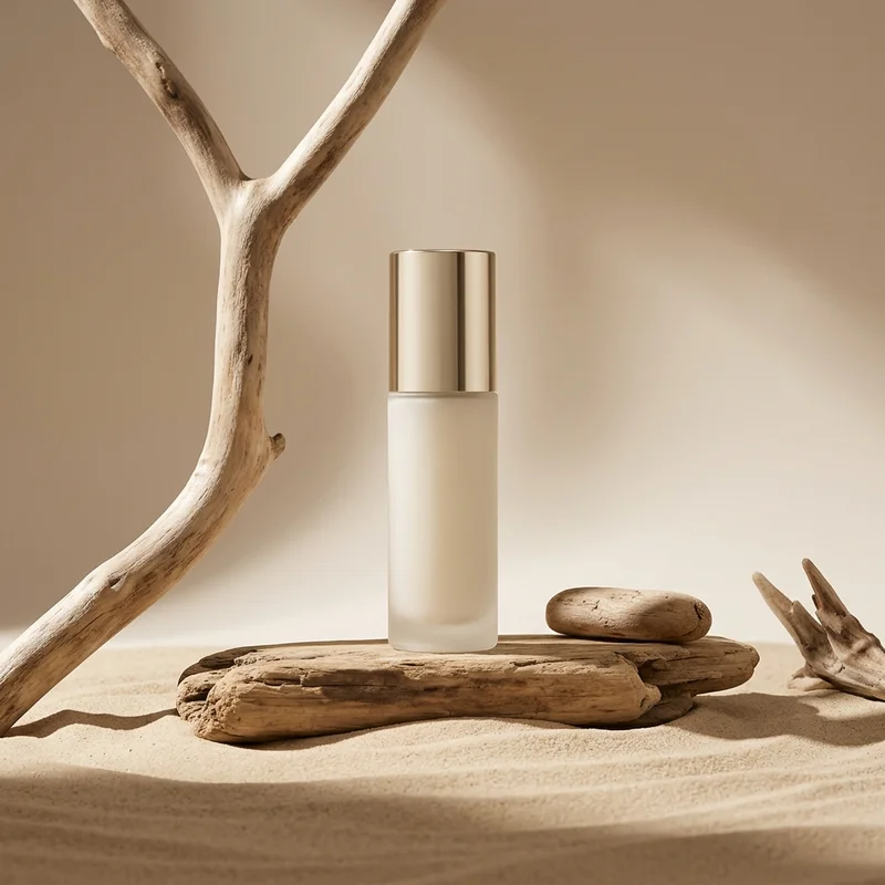 Natural skincare on driftwood and sand