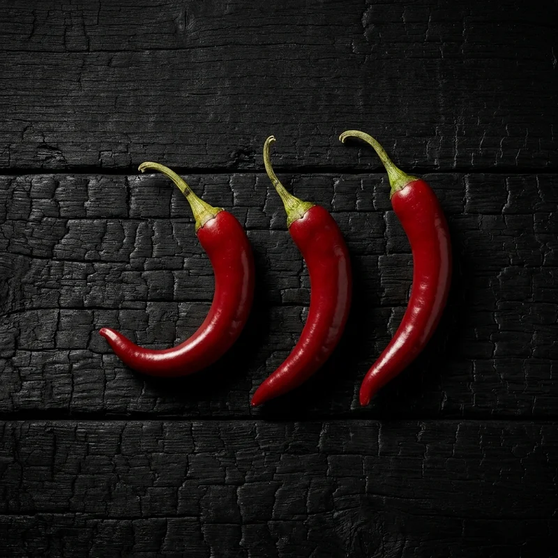 Red chilies on charred wood