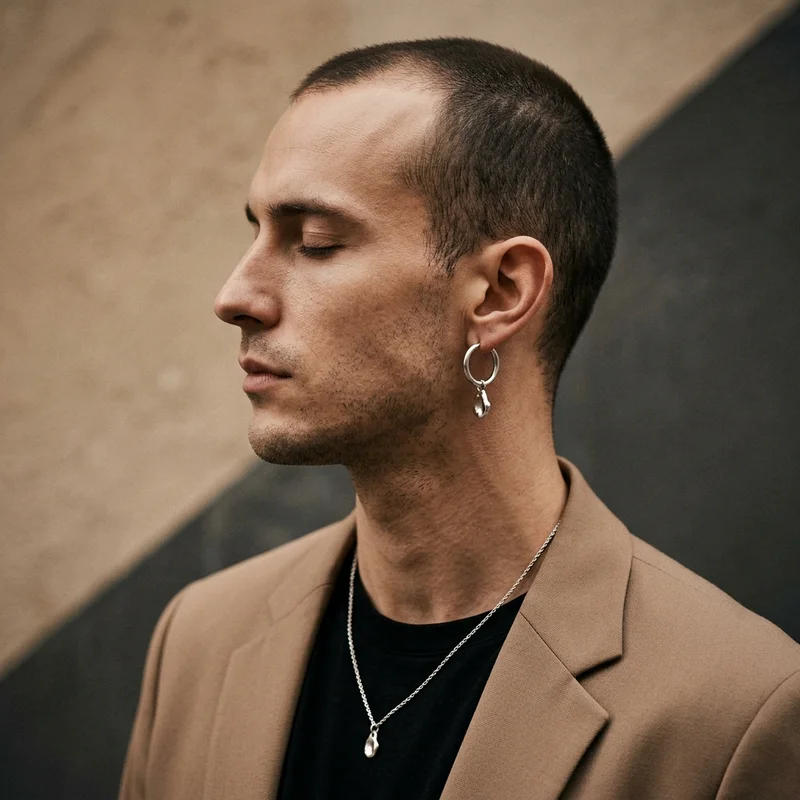 Minimalist men's jewelry on model