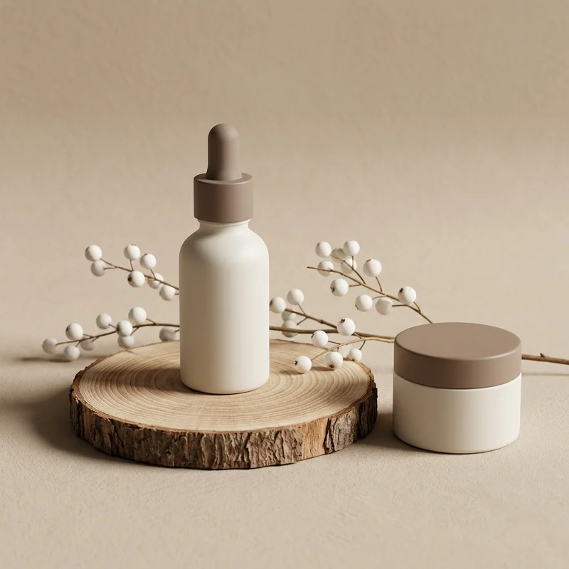 Natural skincare on wood podium