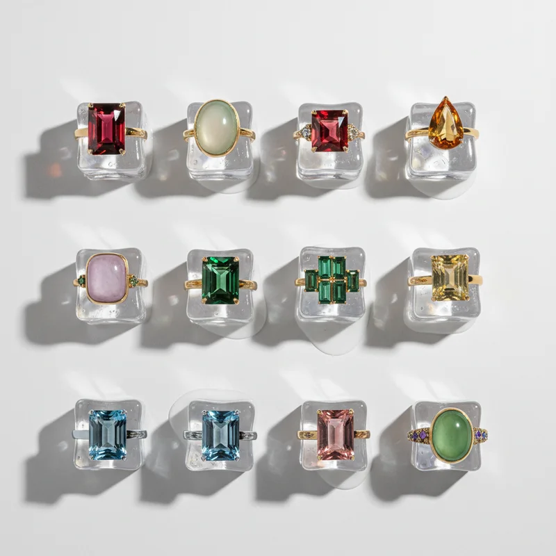 Colorful gemstone rings on clear cubes