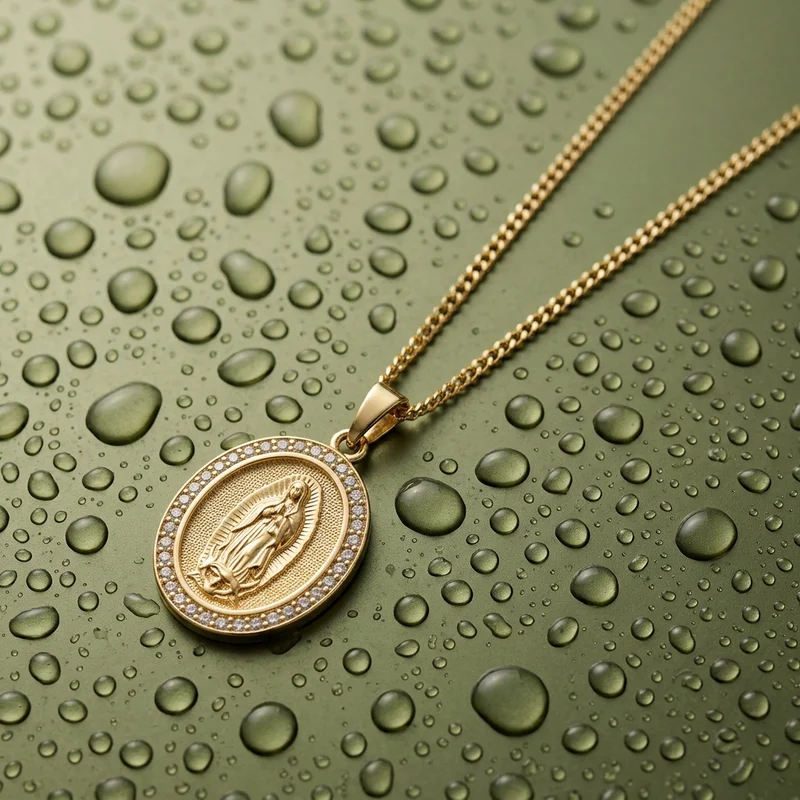 Gold diamond pendant on wet green