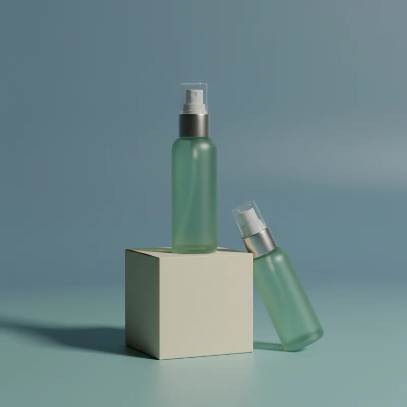 Minimalist green spray bottles on podium