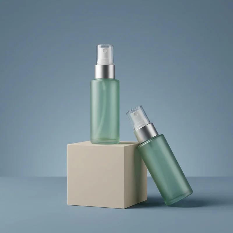 Modern skincare bottles on pedestal