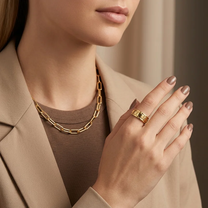 Elegant gold jewelry on model