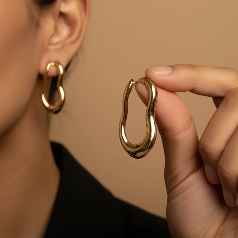 Gold wavy hoop earrings on model