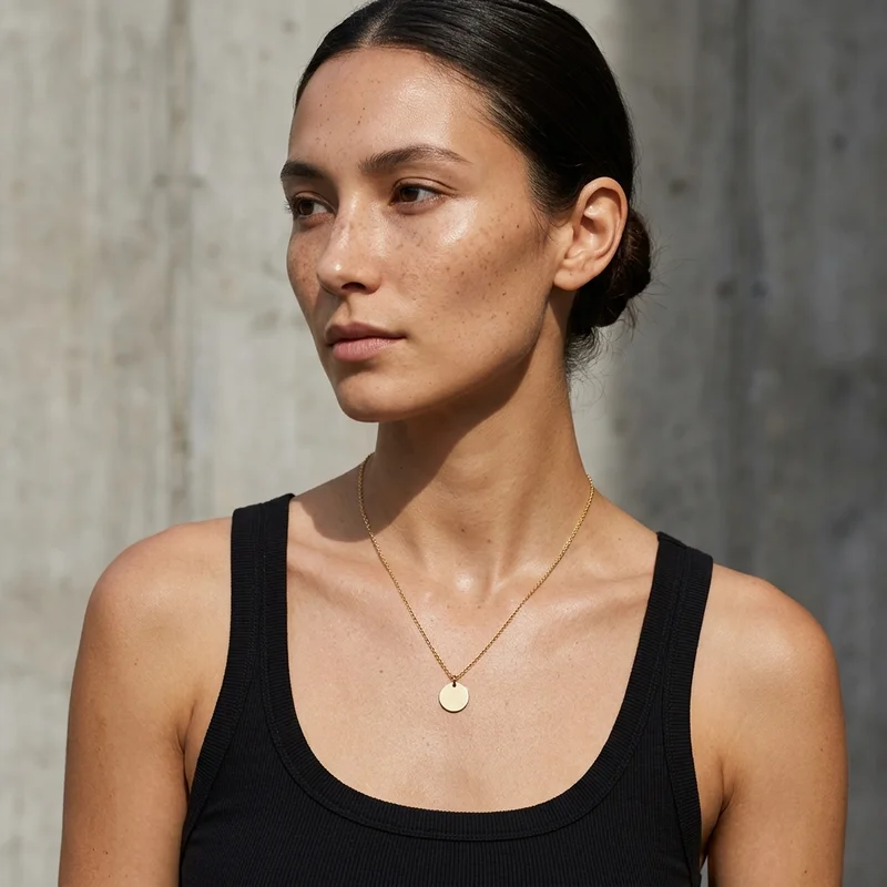 Gold pendant necklace on model