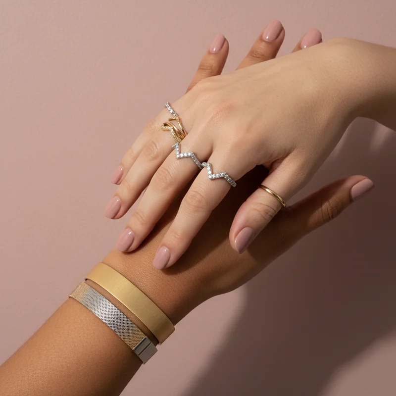 Elegant jewelry on diverse hands