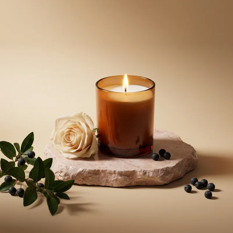Warm amber candle on natural stone