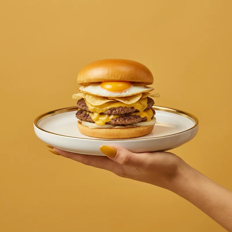 Gourmet breakfast burger presentation