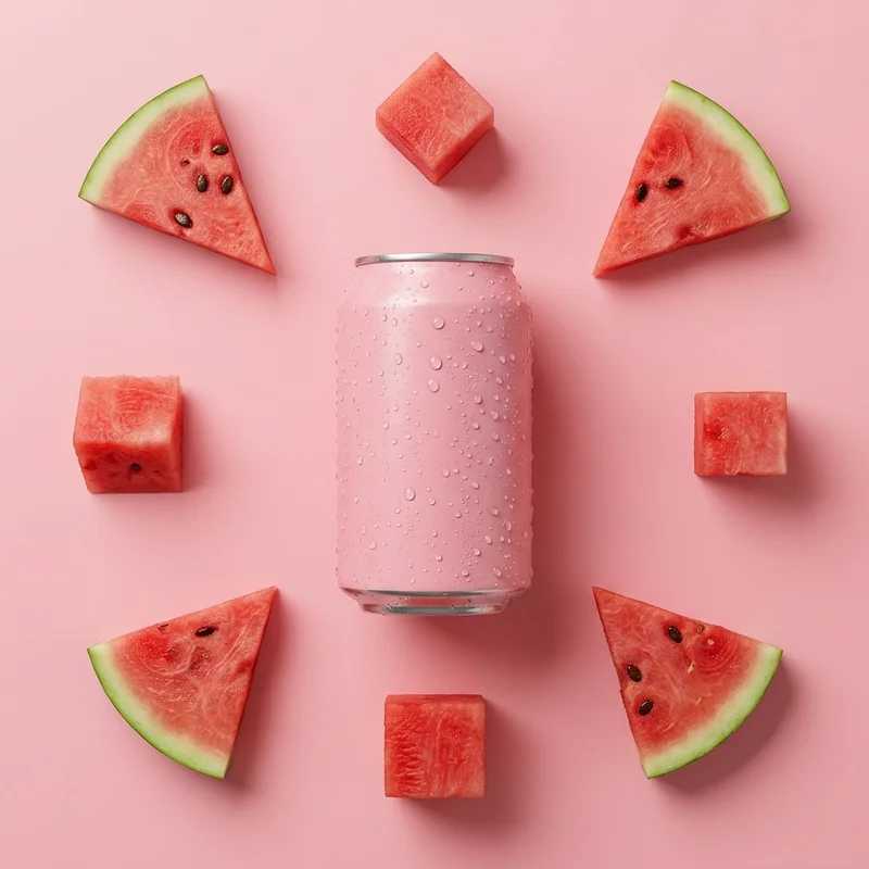 Fresh watermelon soda can flat lay