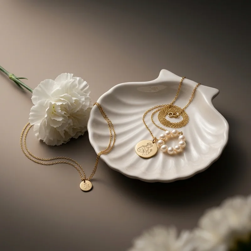 Elegant gold jewelry in shell dish