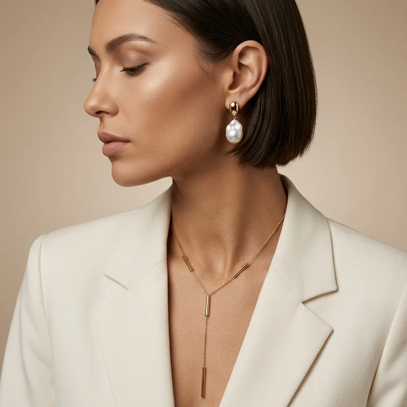 Elegant pearl & gold jewelry on model