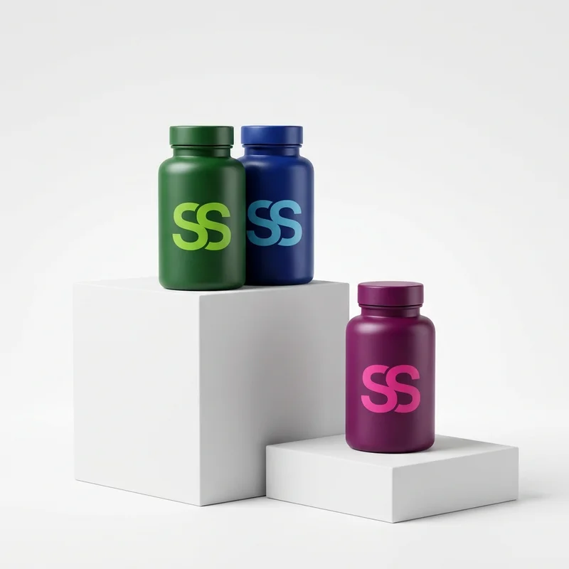 Modern supplement bottles on podiums