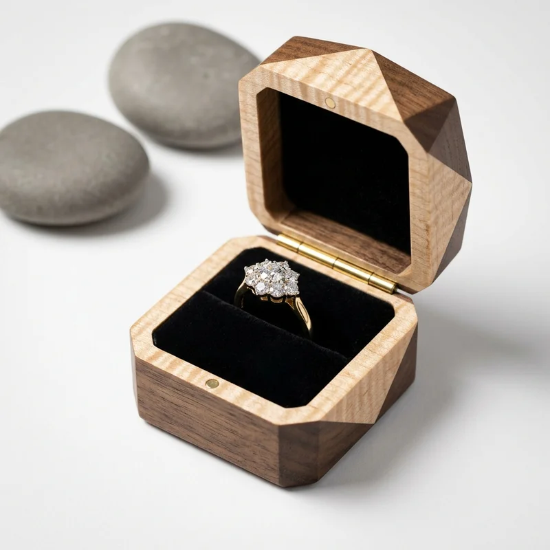 Diamond ring in artisanal wood box