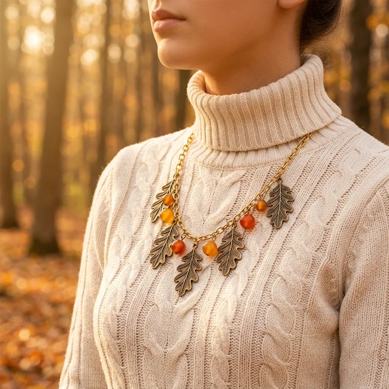 Autumn Leaf Necklace in Golden Light