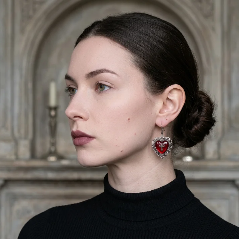 Gothic heart earring on model
