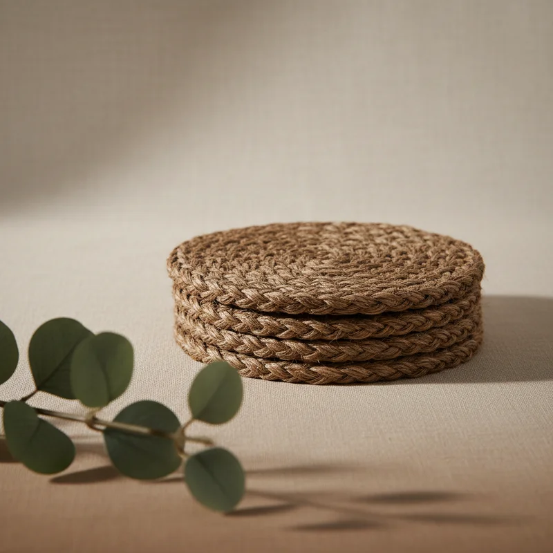 Natural jute coasters with eucalyptus