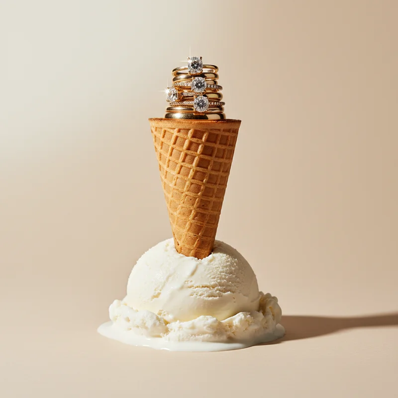 Diamond rings on ice cream cone