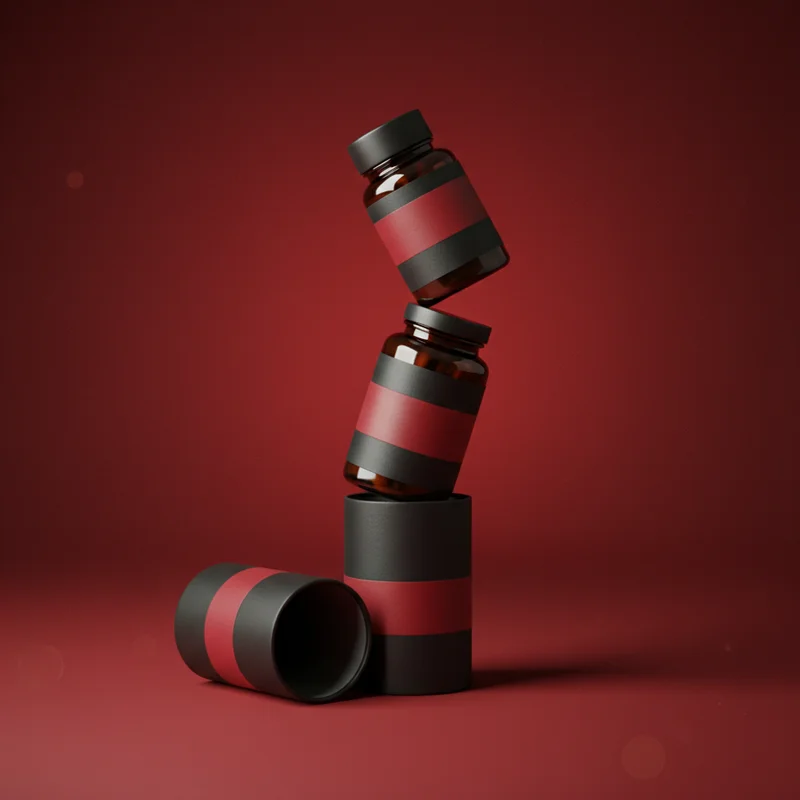 Modern stacked supplements on red