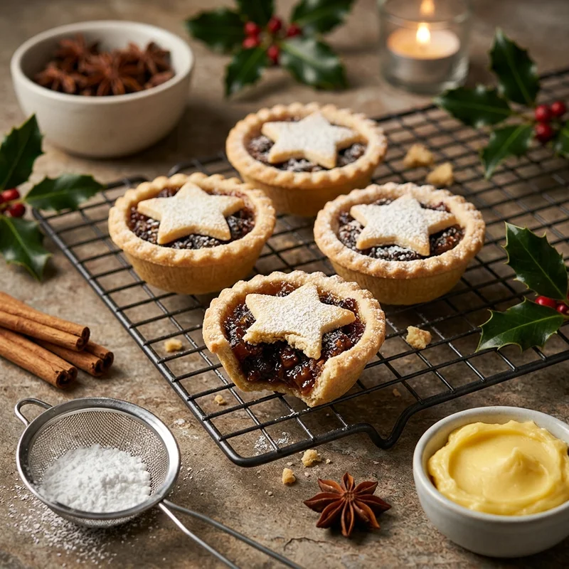 Festive star mince pies on wire rack