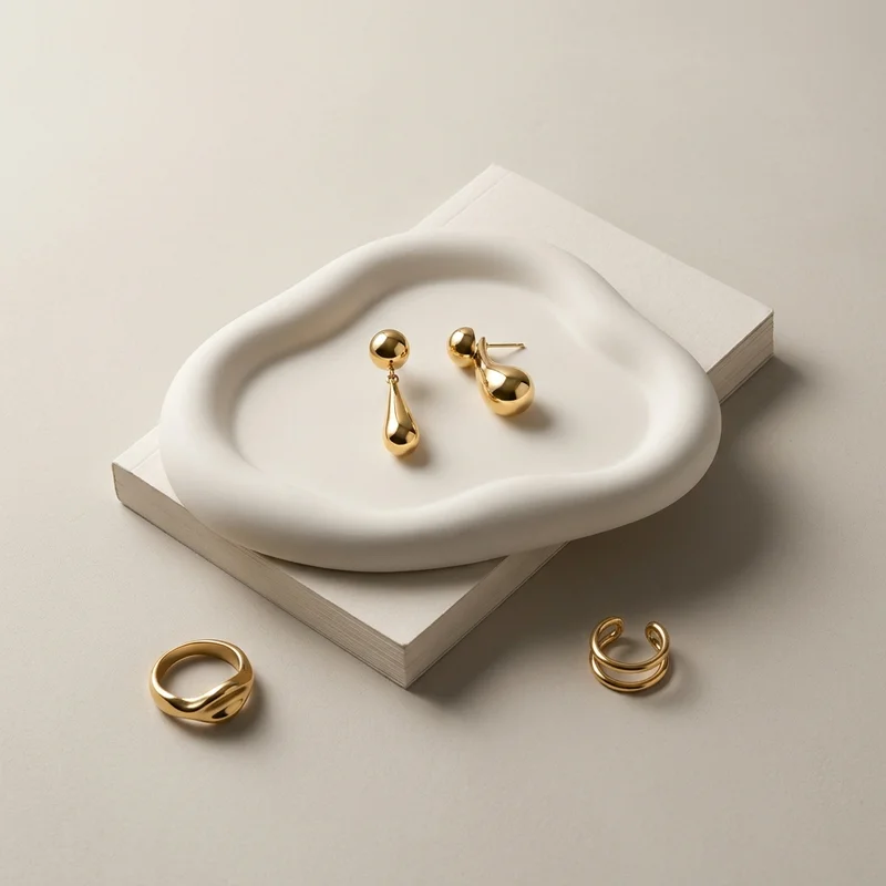 Minimalist gold jewelry on ceramic tray