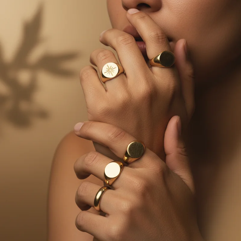 Elegant gold signet rings on model