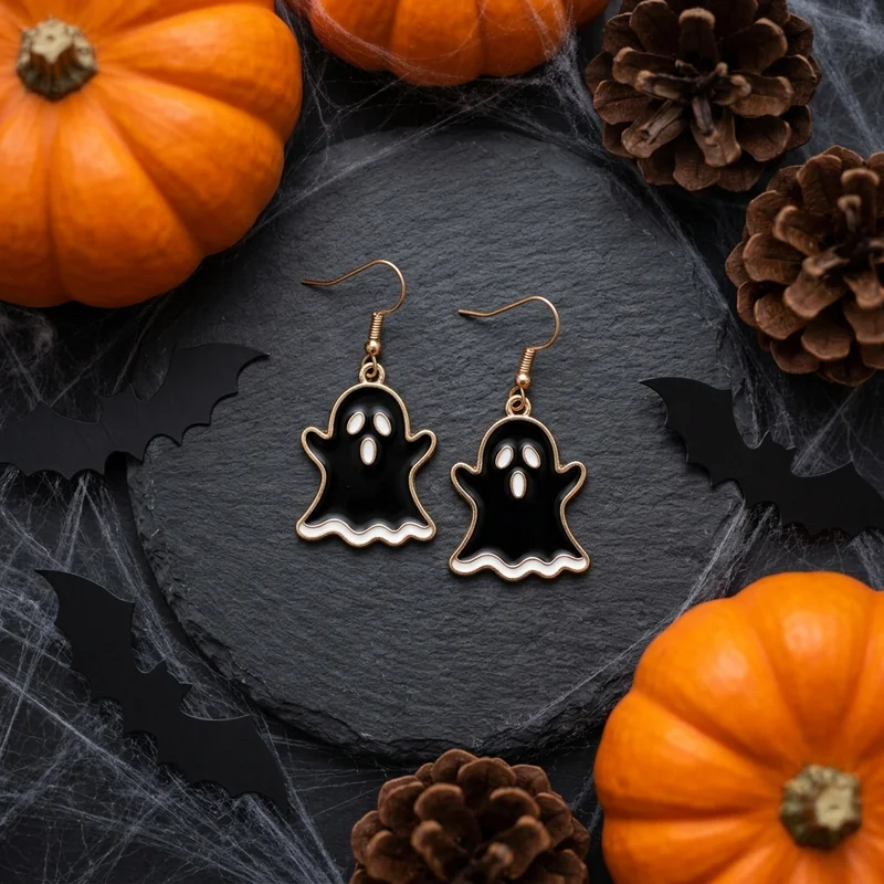 Spooky ghost earrings flat lay