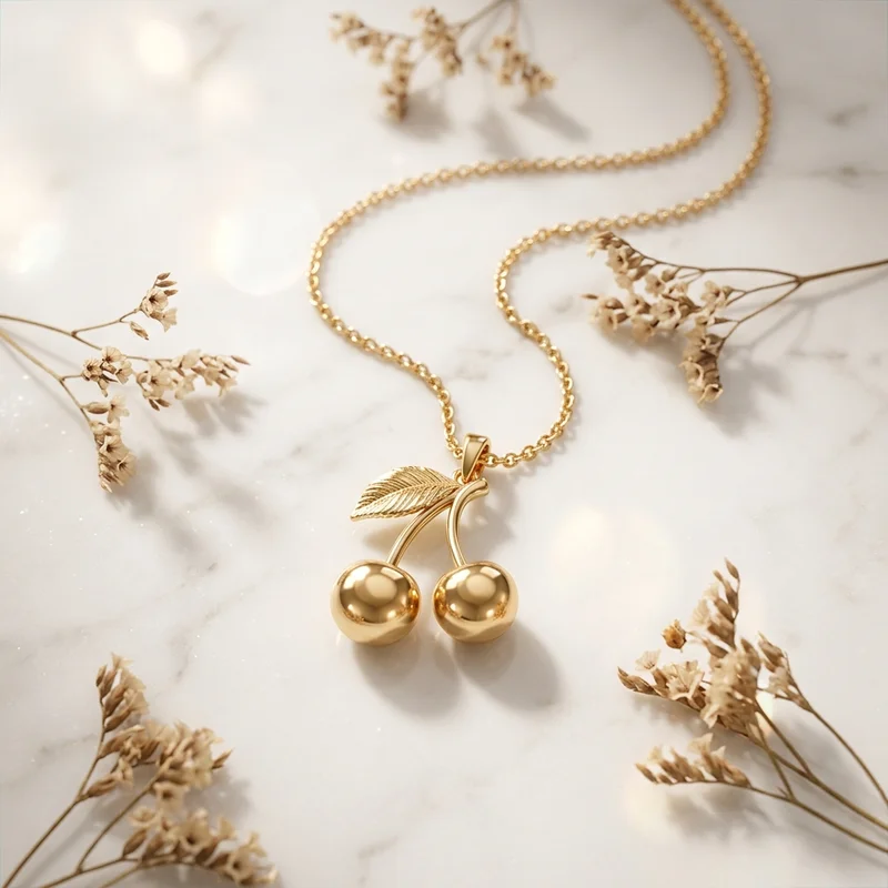 Gold cherry necklace on marble