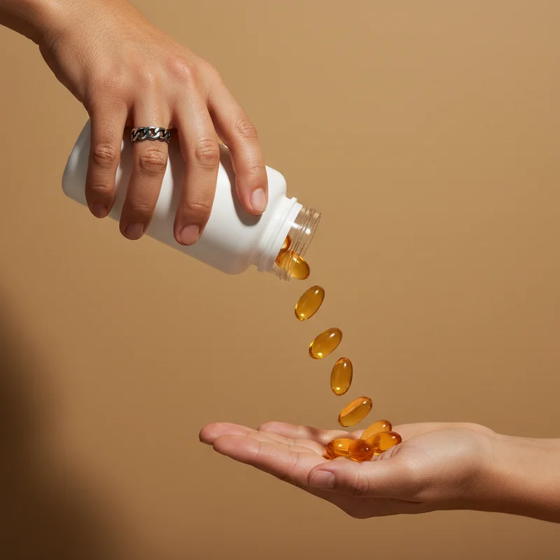 Golden softgels pouring into hand
