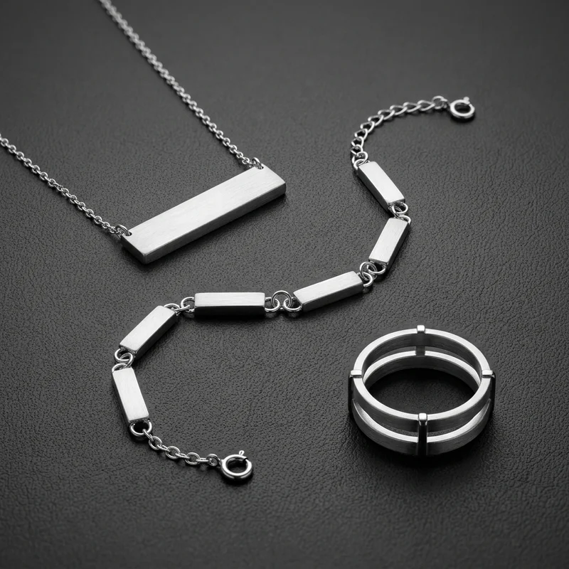 Modern silver jewelry on dark gray