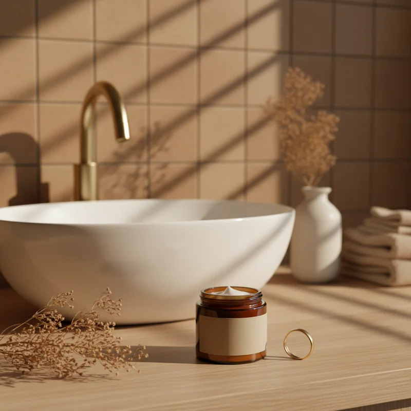 Natural skincare in warm bathroom