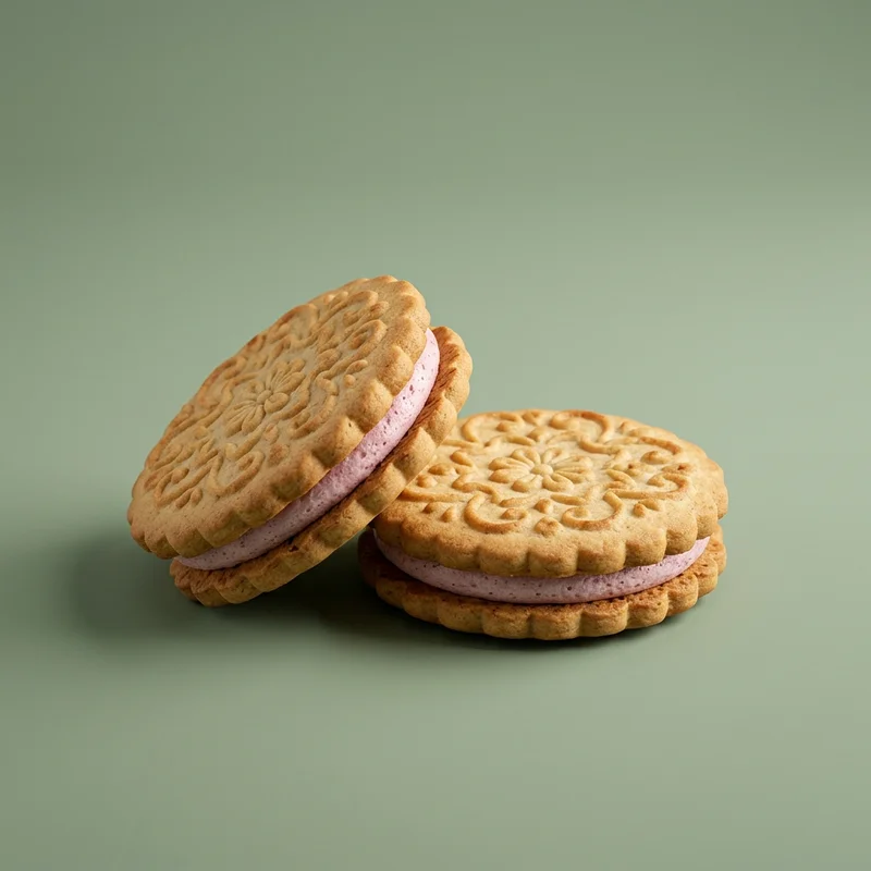 Pink cream sandwich cookies on green