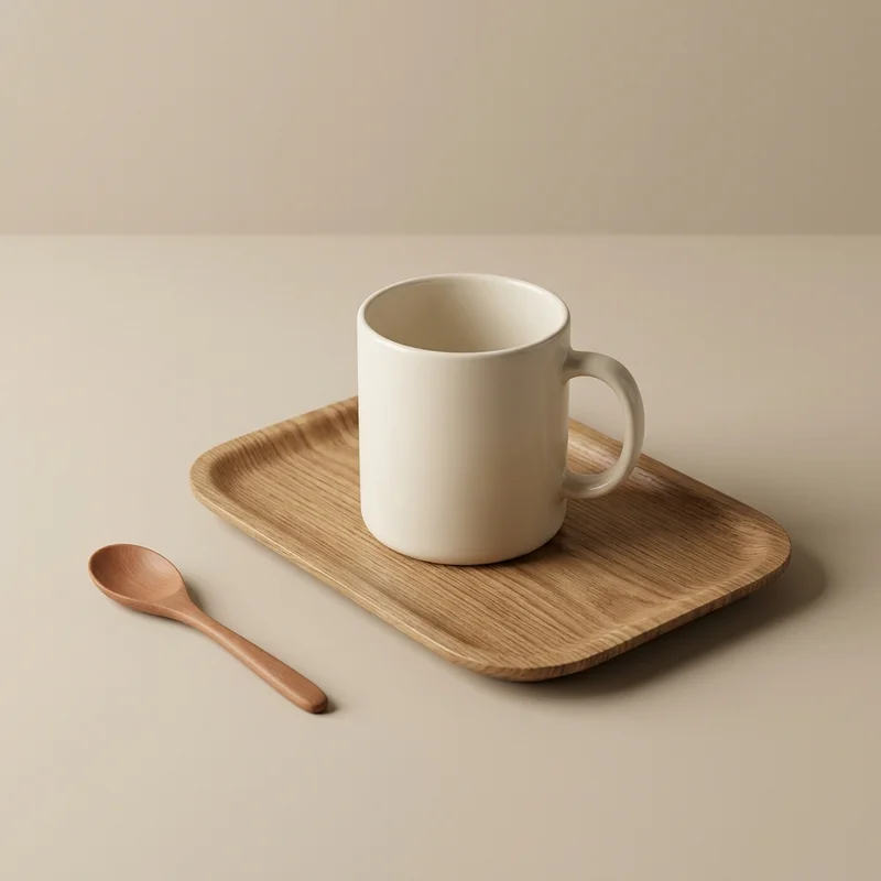 Minimalist mug on wooden tray