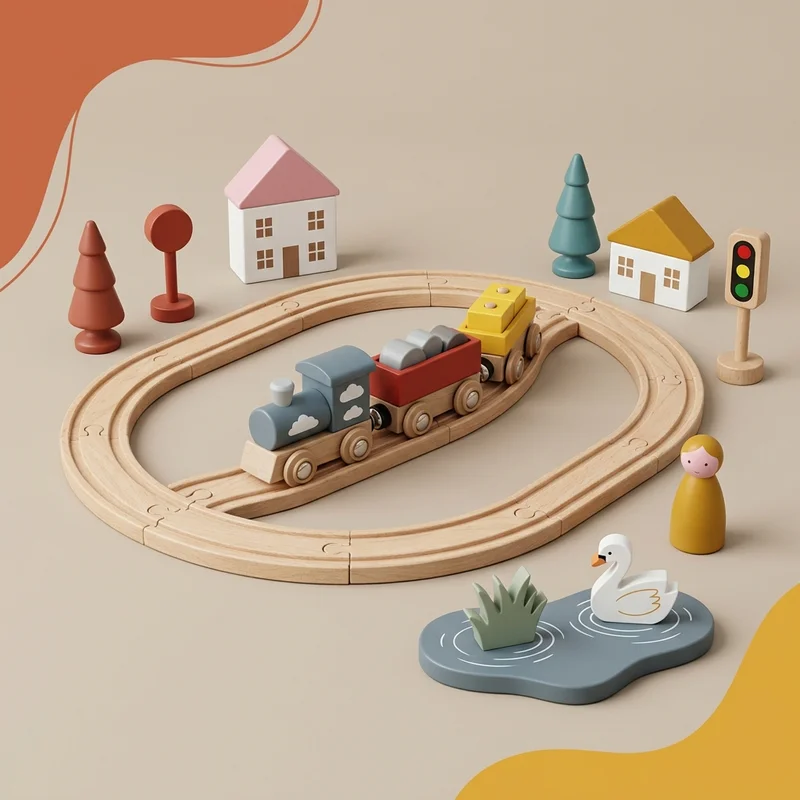 Playful wooden train set scene