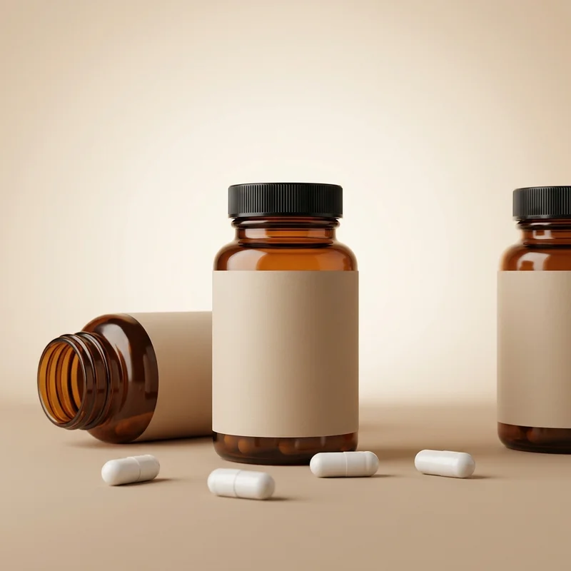 Amber supplement bottles on beige