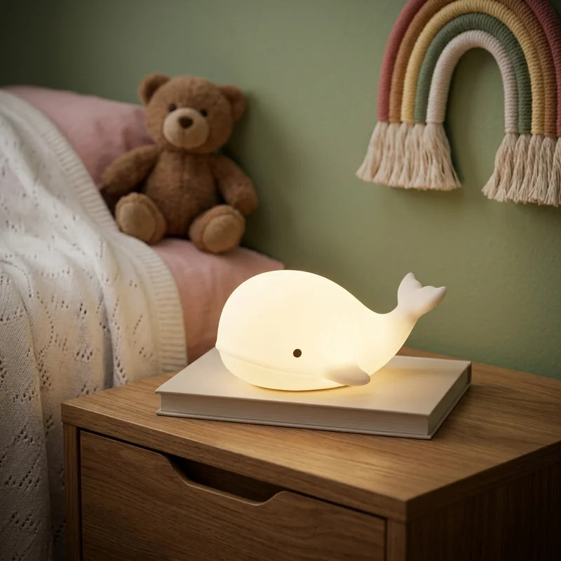 Cozy whale nightlight on bedside