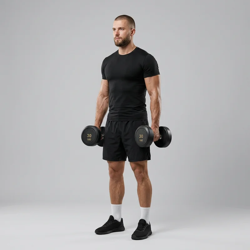 Man lifting 30kg dumbbells in studio