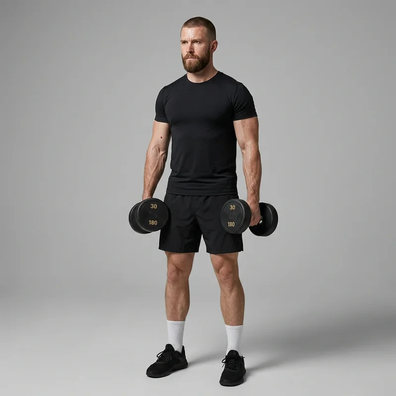Male fitness model with dumbbells
