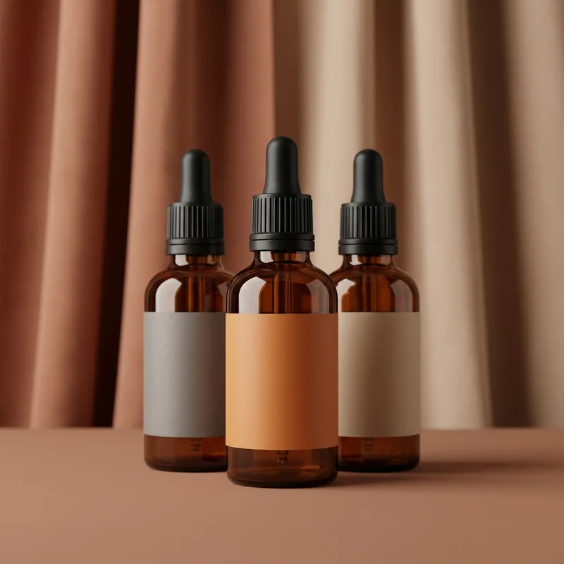 Minimalist amber bottles on terracotta